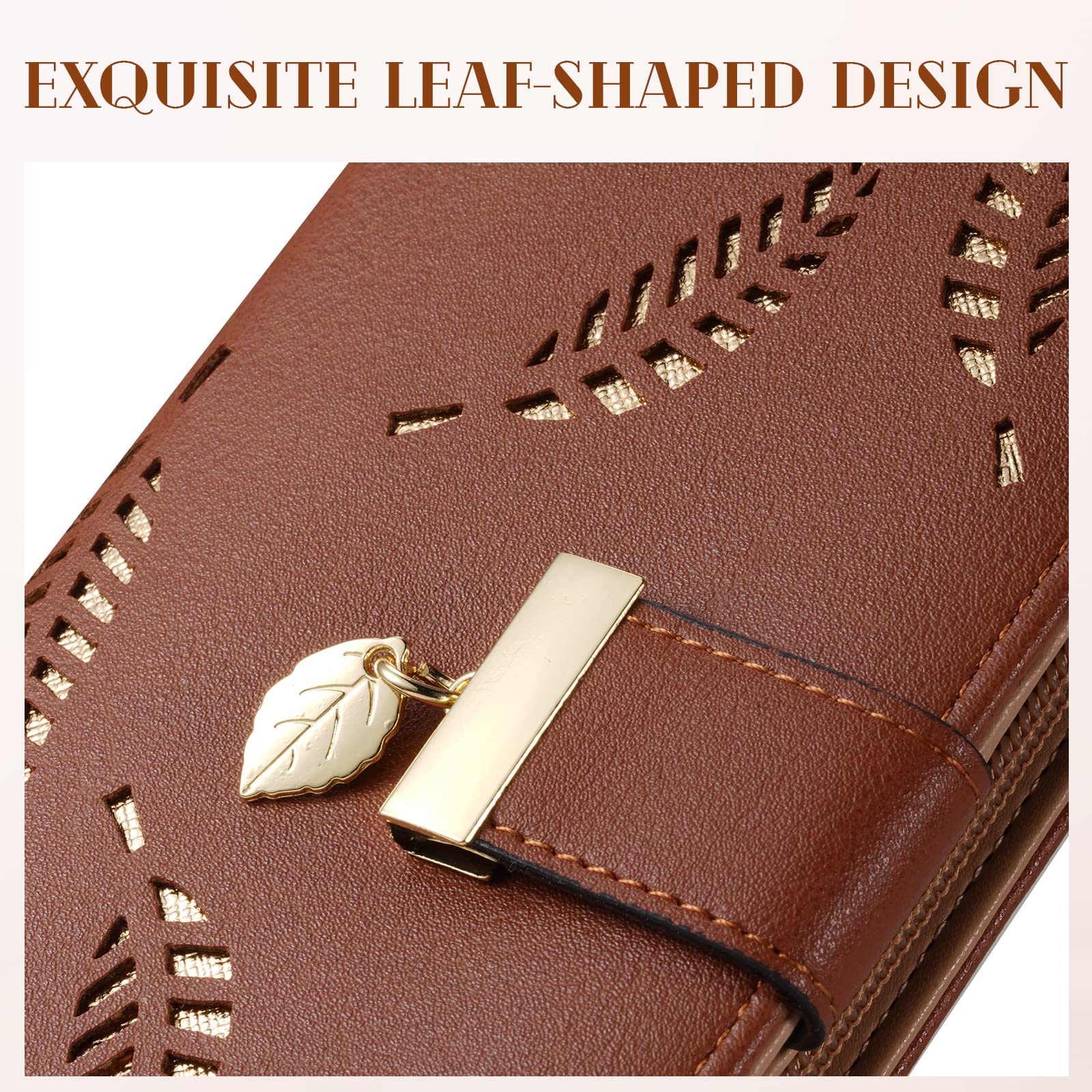 Women's Long Leaf Bifold Wallet Leather Card Holder Purse Zipper Buckle Elegant Clutch Wallet Handbag for Women - Pink