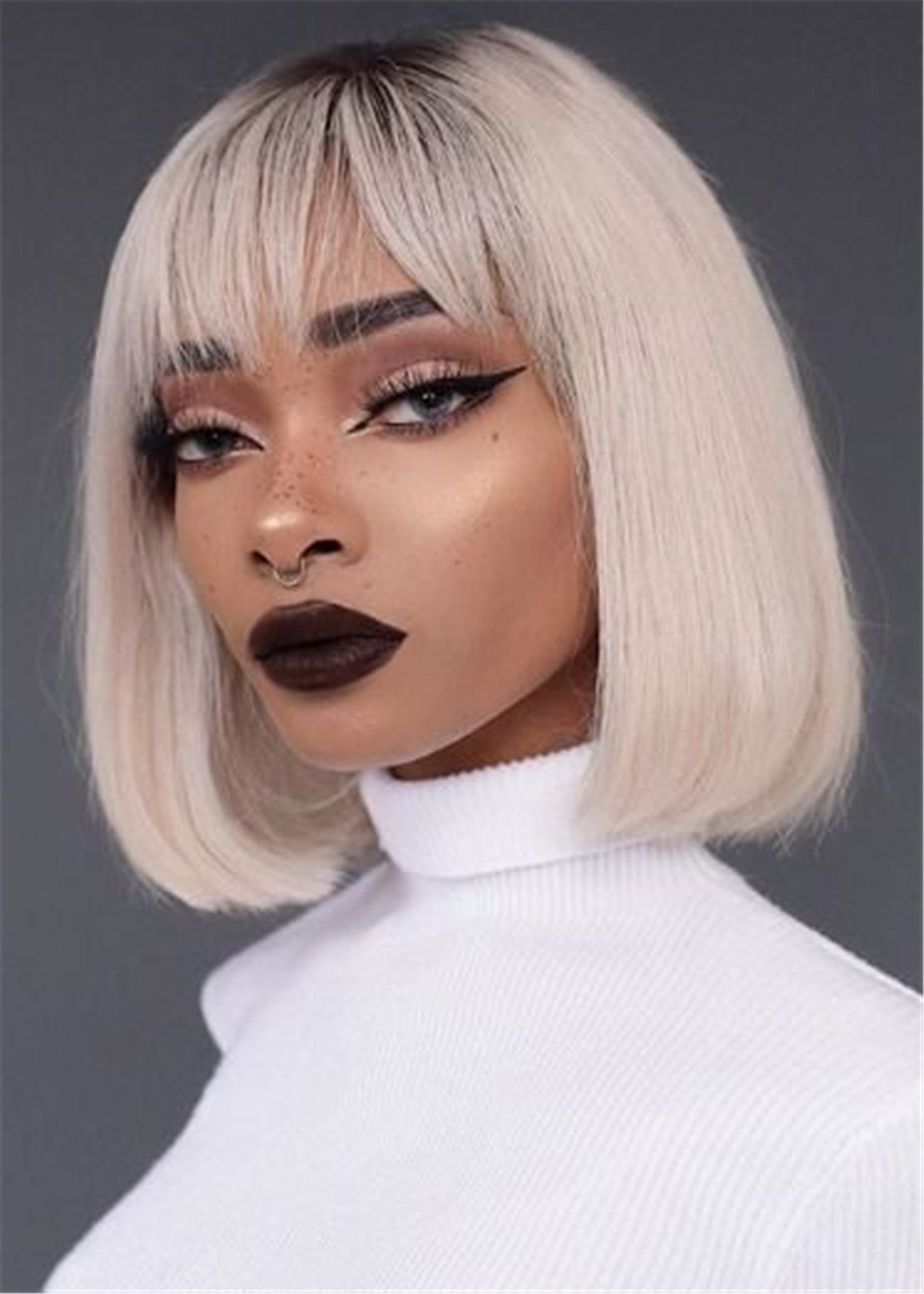 White Short Bob Hairstyles Straight Capless Synthetic Hair 130% 14 Inches Wigs With Bangs