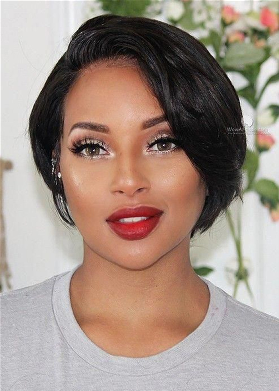 Short Pixie Cut Human Hair Bob Natural Straight Lace Front Cap 12 Inches 120% Wigs