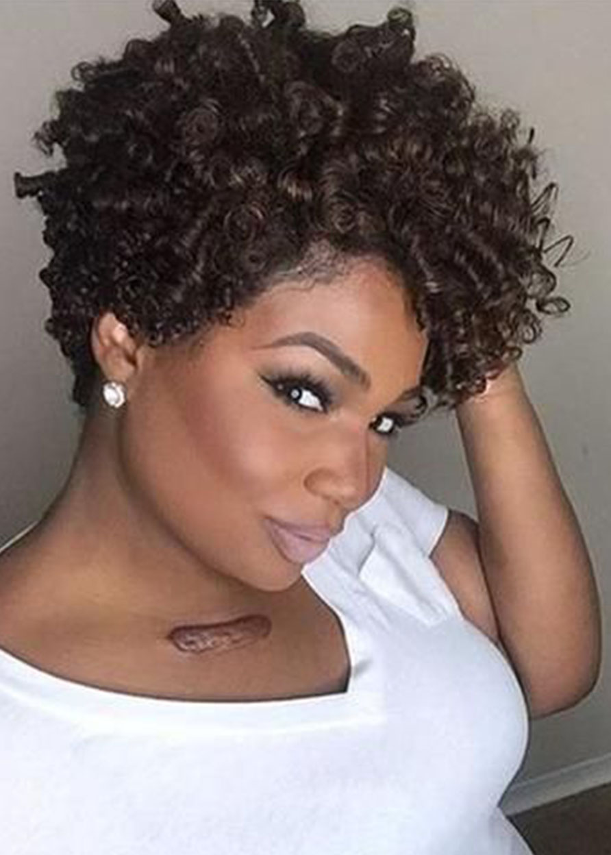 African American Women's Short Kinky Curly Synthetic Hair Capless Wigs 8 Inches