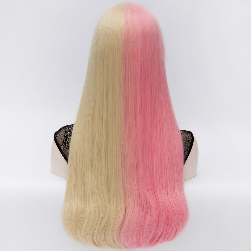 Harajuku Fashion Two-Tone Long Straight Pink-and-Blonde Wig Straight Capless Synthetic Hair 120% 32 Inches Wigs