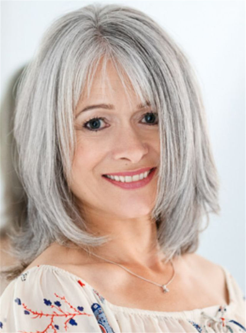 Salt and Pepper Medium Layered Straight Synthetic Hair Capless Wigs for Older Women