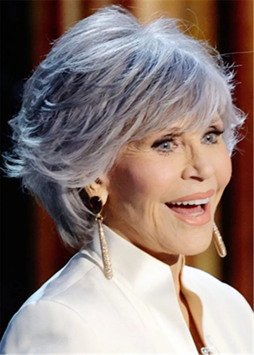 Jane Fonda Wigs Capless Wavy Human Hair Wigs With Bangs 14 Inches