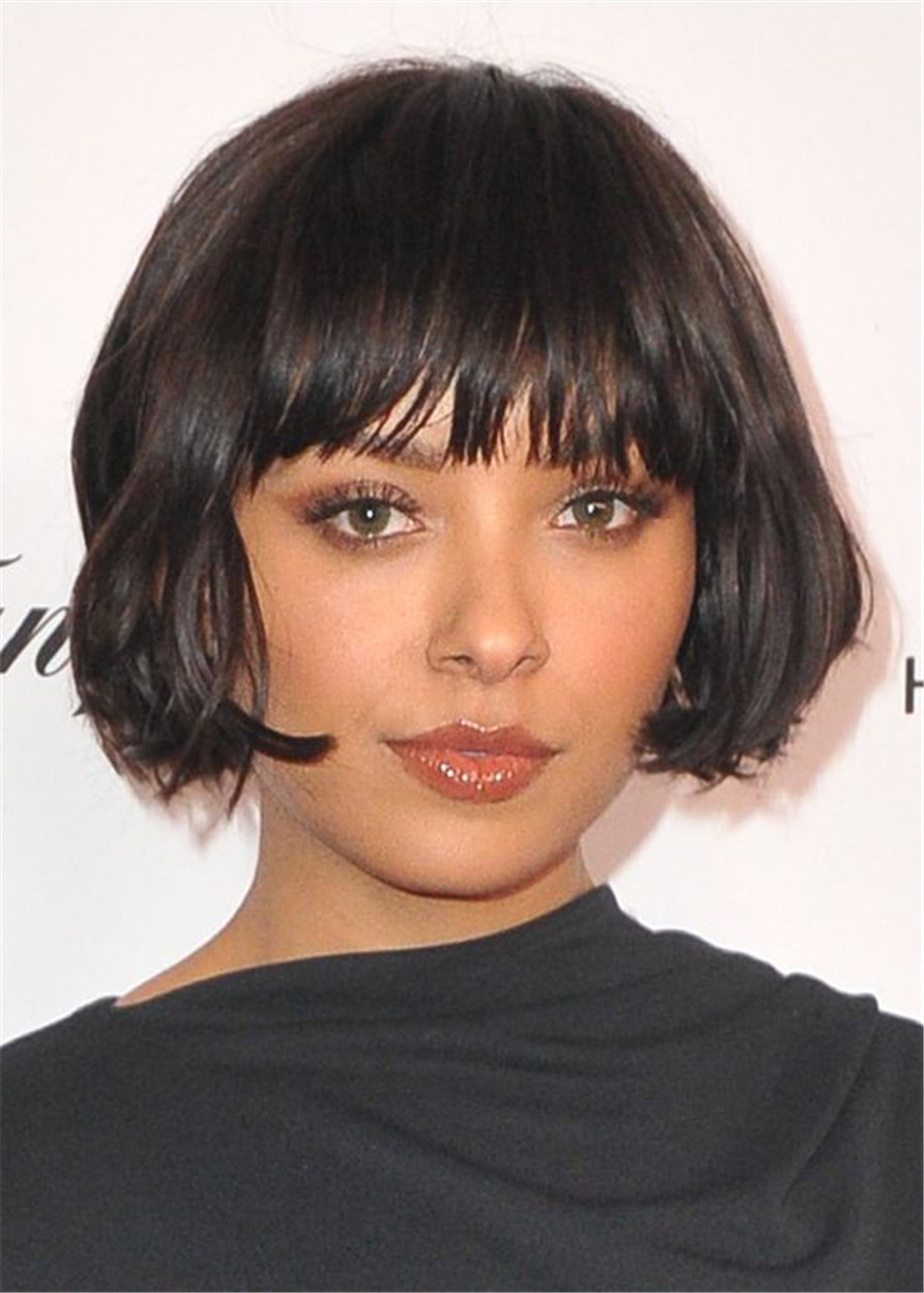 Women's Short Bob Hairwigs Capless Synthetic Hair Straight 130% 10 Inches Wigs With Bangs
