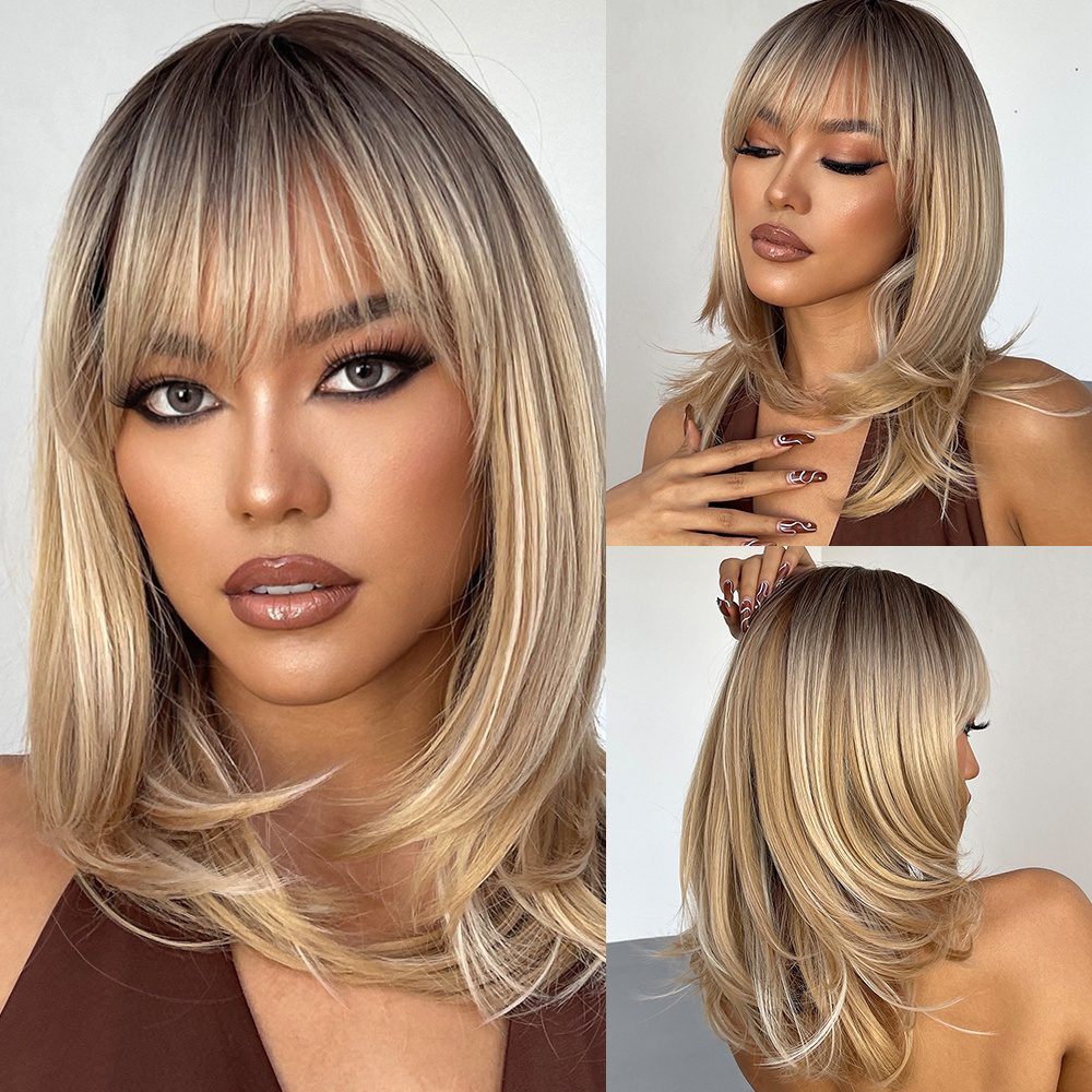 Capless Synthetic Hair Women Straight 130% 16 Inches Wigs With Bangs