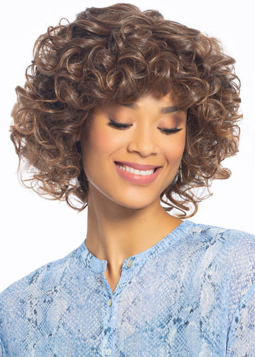 Women Human Hair Lace Front Cap Curly 16 Inches 130% Wigs with Bouncy Curls