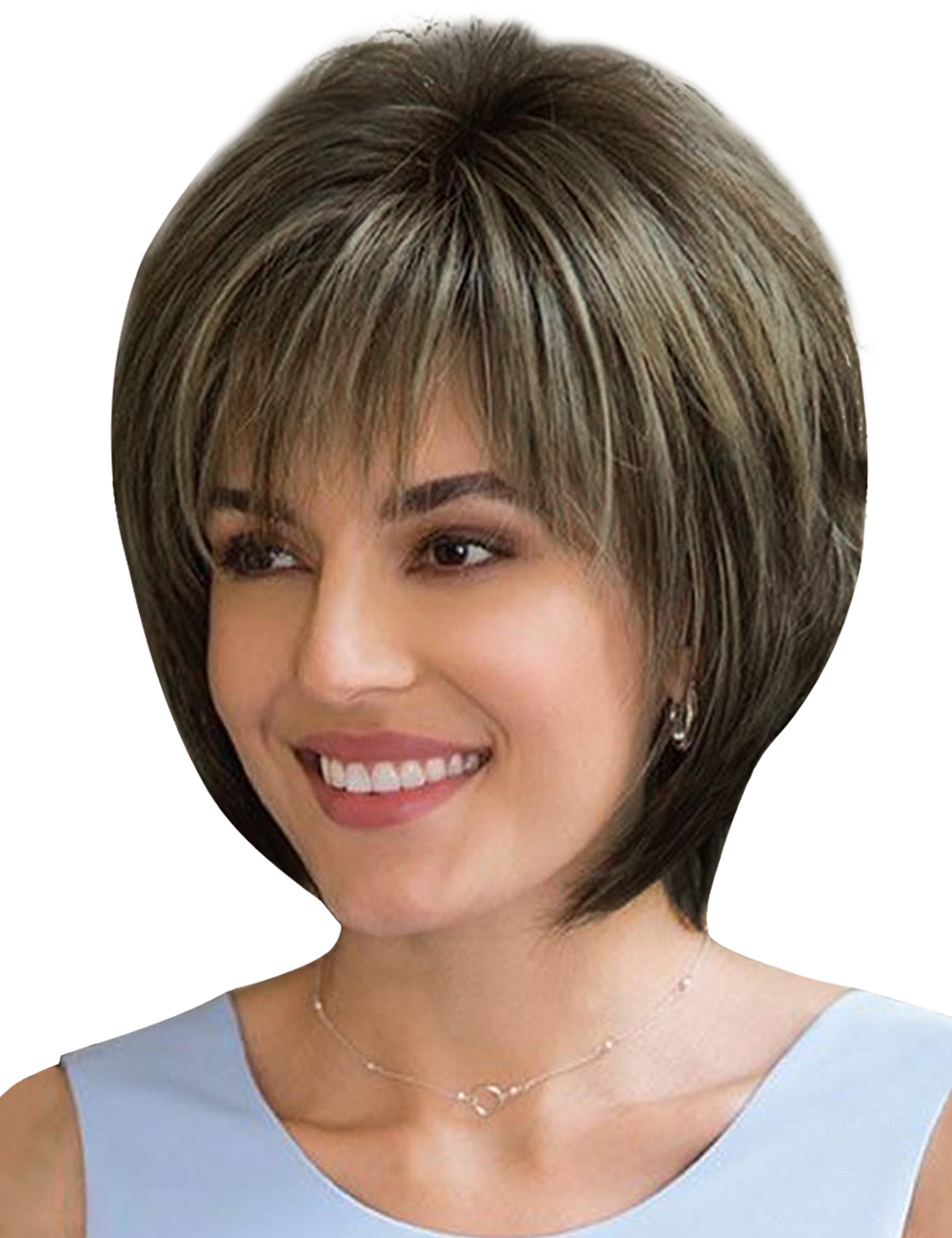 Layered Mixed Color Straight Synthetic Hair With Bangs Capless Cap Women Wigs 10 Inches
