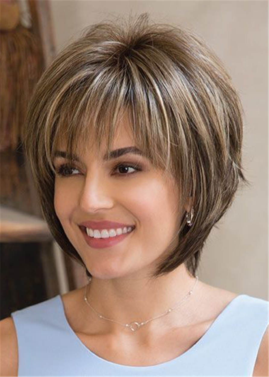 Layered Mixed Color Straight Synthetic Hair With Bangs Capless Cap Women Wigs 10 Inches