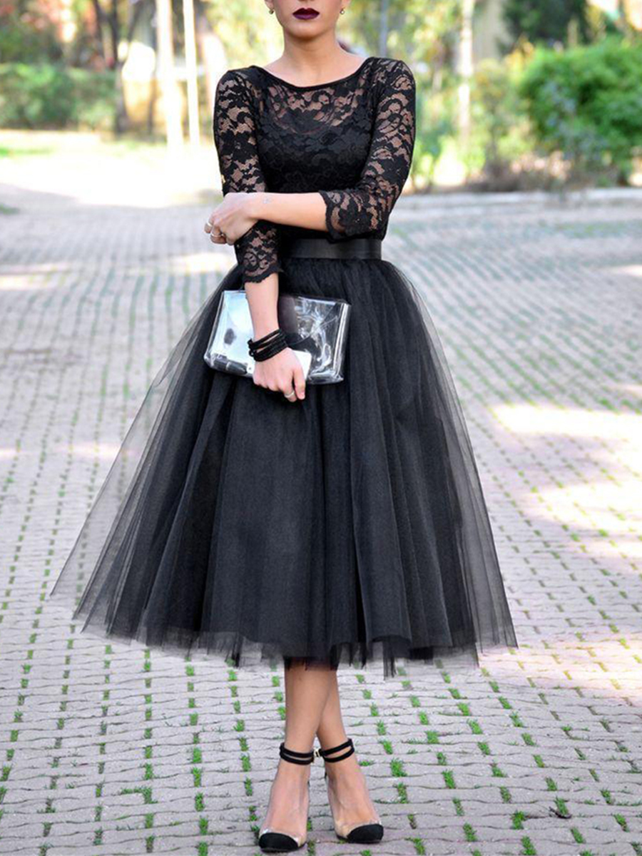 Scoop Tea-Length 3/4 Length Sleeves Lace Evening Dress - Black