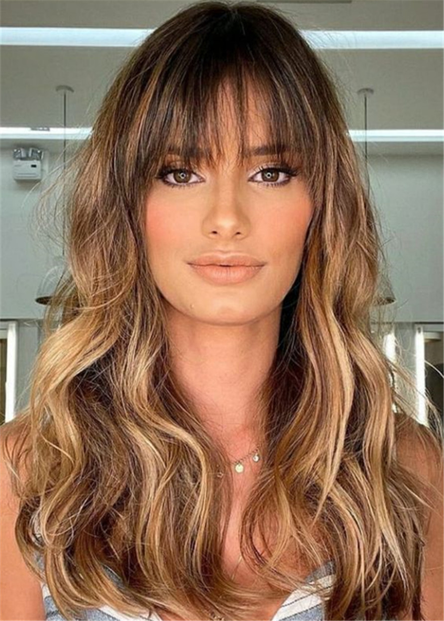 Balayage Hairwigs Capless Human Hair Wavy 26 Inches 120% Wigs With Bangs