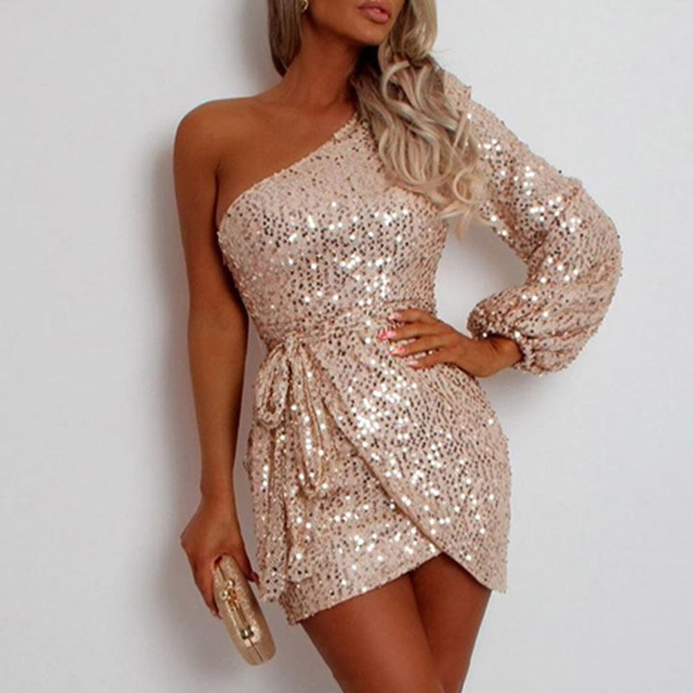 Above Knee Sequins Long Sleeve Oblique Collar Party/Cocktail Dress - Champagne