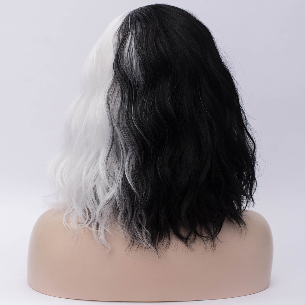 Medium Cruella Wig Black and White Synthetic Hair Wavy Bob Hairstyle Capless 16 Inches Wigs