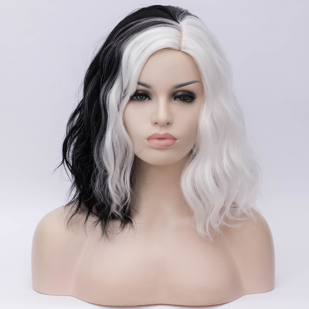 Medium Cruella Wig Black and White Synthetic Hair Wavy Bob Hairstyle Capless 16 Inches Wigs