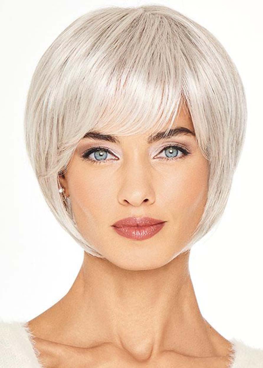 Short Cut Bob Hairstyles Blonde Color Capless Straight Women Human Hair 120% 8 Inches Wigs With Bangs