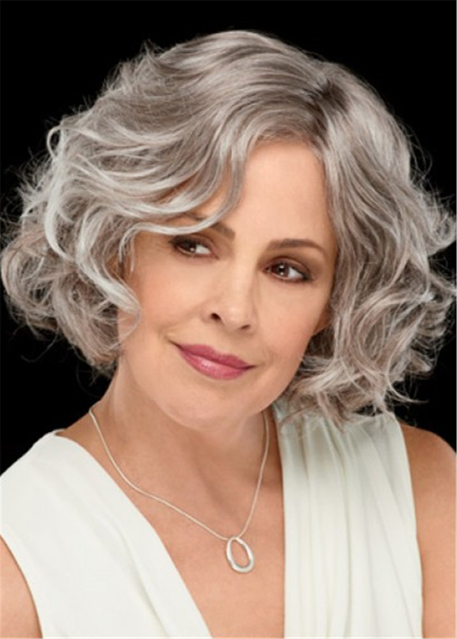 Medium Wavy Bob Style Grey Synthetic Hair Wig for Older Lady Capless Women 130% 16 Inches Wigs