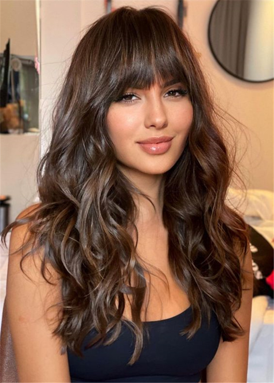 Women Lace Front Cap Human Hair Wavy 26 Inches 130% Wigs With Bangs