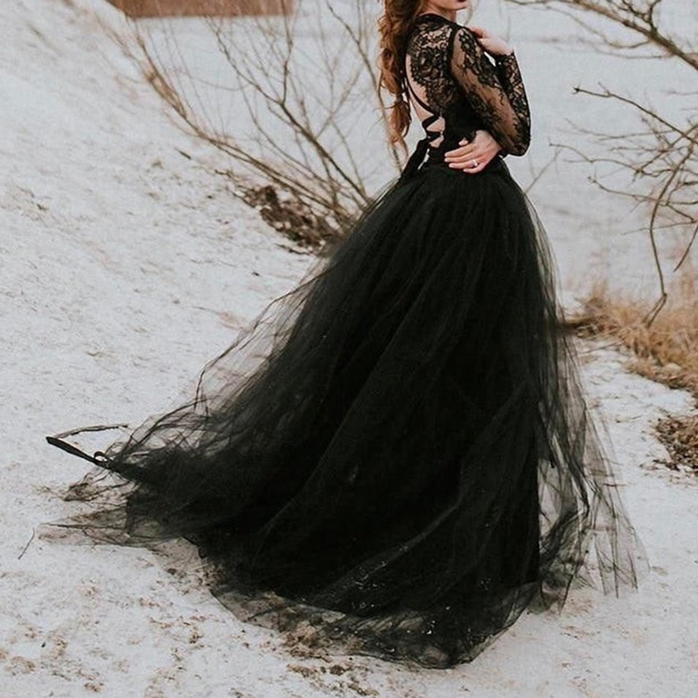 Embroidery A-Line Long Sleeves Floor-Length Black Wedding Party Dress