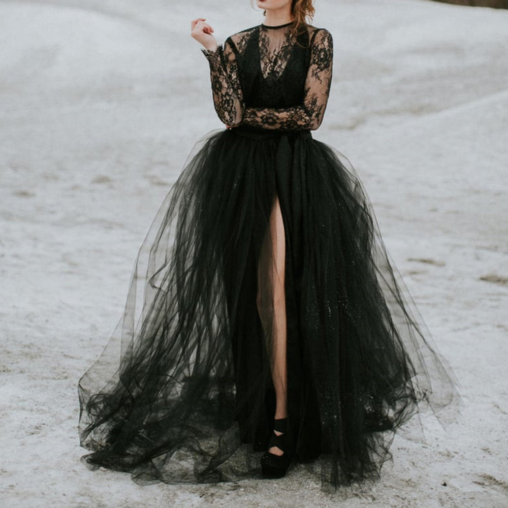 Embroidery A-Line Long Sleeves Floor-Length Black Wedding Party Dress