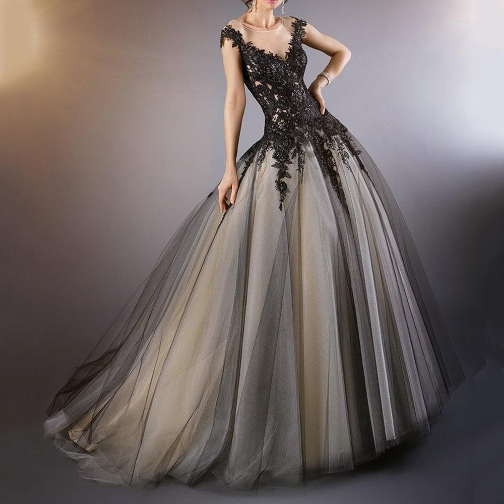 Ball Gown Short Sleeves Floor-Length Embroidery Formal Dress - Black Wedding Dress