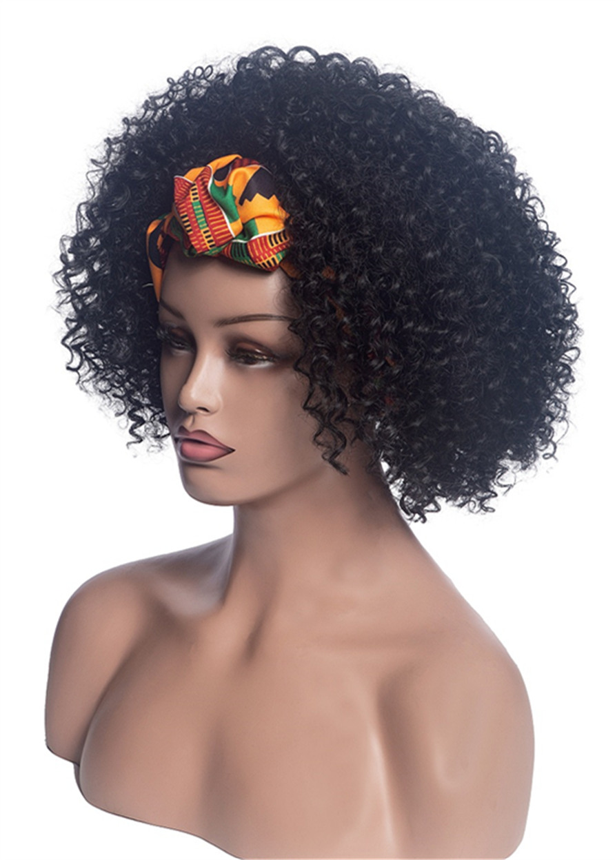 African American Headbang Wigs Kinky Curly Synthetic Hair Wigs With Colored Bang 14 Inches 130% Wigs