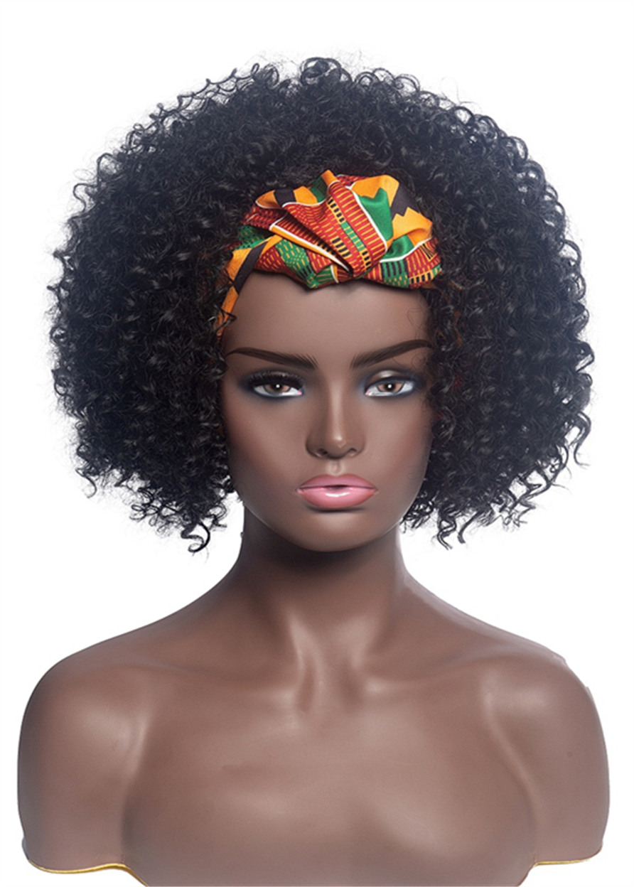 African American Headbang Wigs Kinky Curly Synthetic Hair Wigs With Colored Bang 14 Inches 130% Wigs