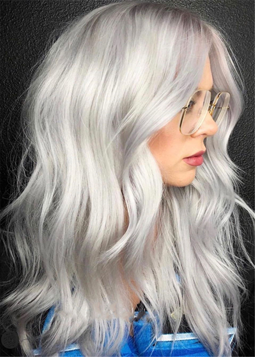 Silver-White Synthetic Hair Women Capless Wavy 18 Inches 130% Wigs