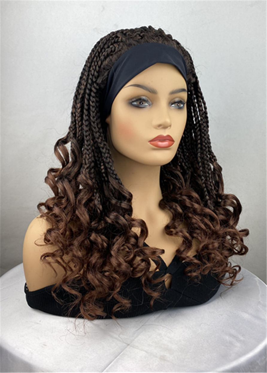 Ombre Brown Braids Headband Wigs Afro Curly Capless Synthetic Hair 130% 24 Inches Wigs With Band
