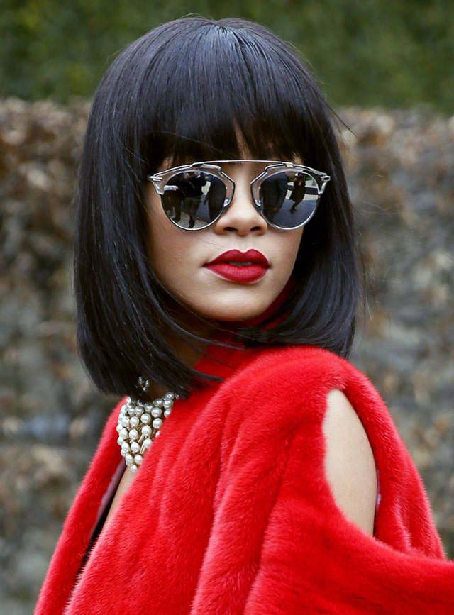 Rihanna Medium Human Hair Capless Straight Wigs