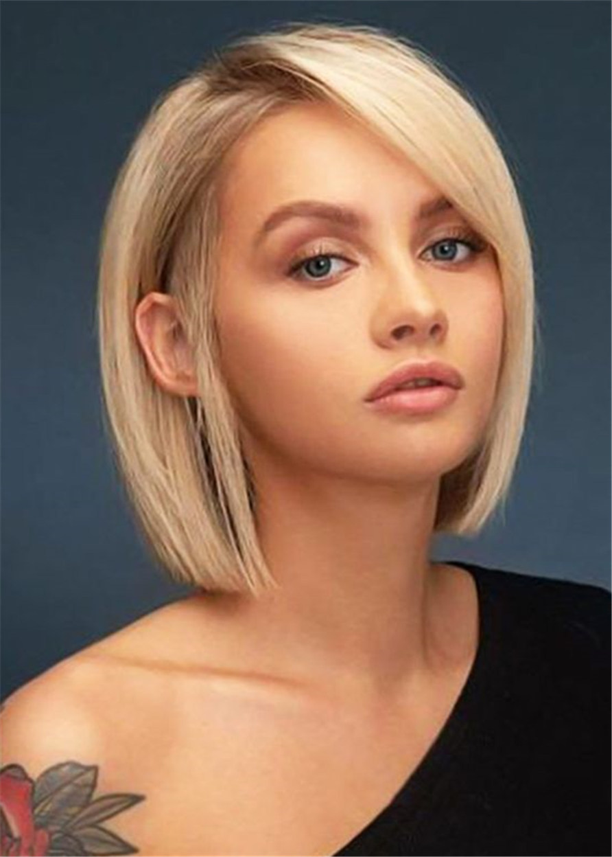 Medium Bob Hairstyles Capless Synthetic Hair Natural Straight 14 Inches 120% Wigs