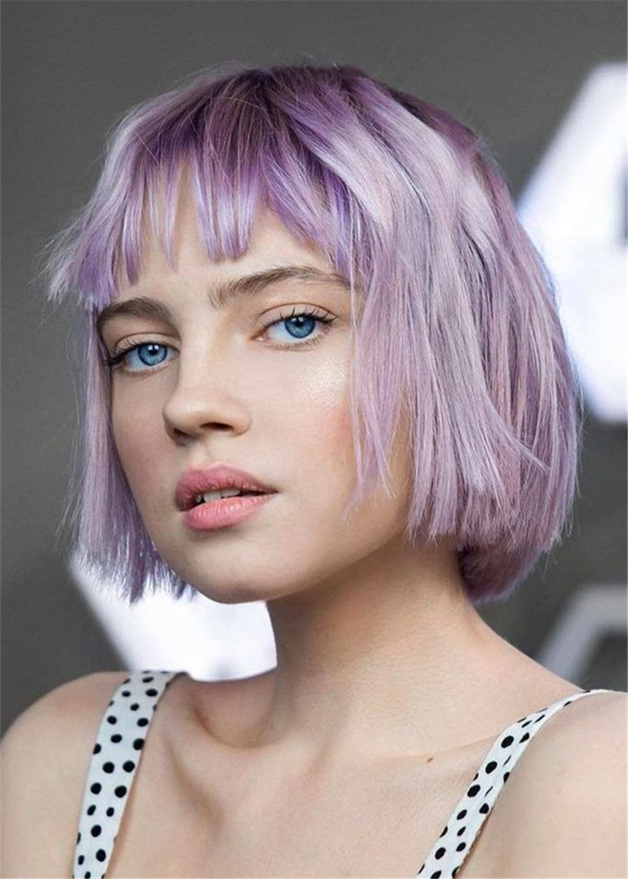 Short Purple Bob Hairwigs Synthetic Hair Capless Straight 10 Inches 130% Wigs