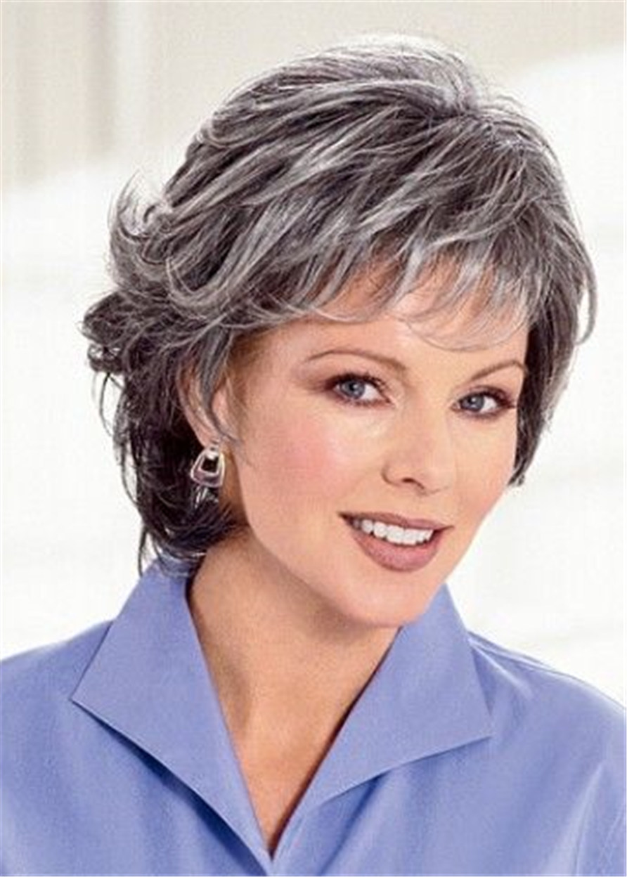 Salt and Pepper Hairstyle Wavy Synthetic Hair Capless Women 120% 12 Inches Wigs