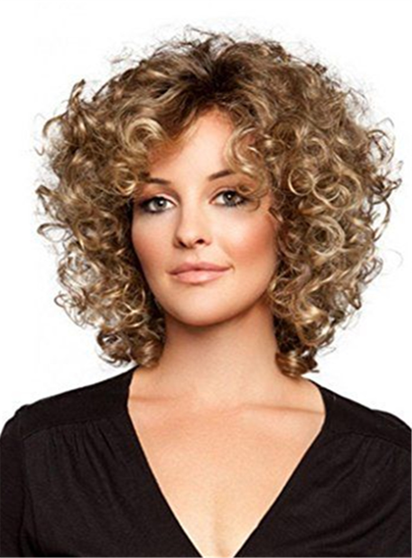 Loose Medium Kinky Curly Lace Front Cap Synthetic Hair Wigs 12 Inches