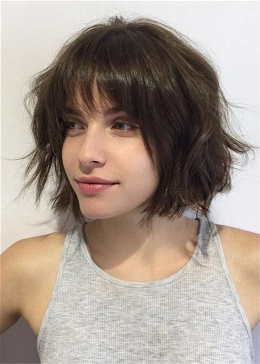 Short Messy Brunette Bob Human Hair Wavy Wigs With Bangs 10 Inches