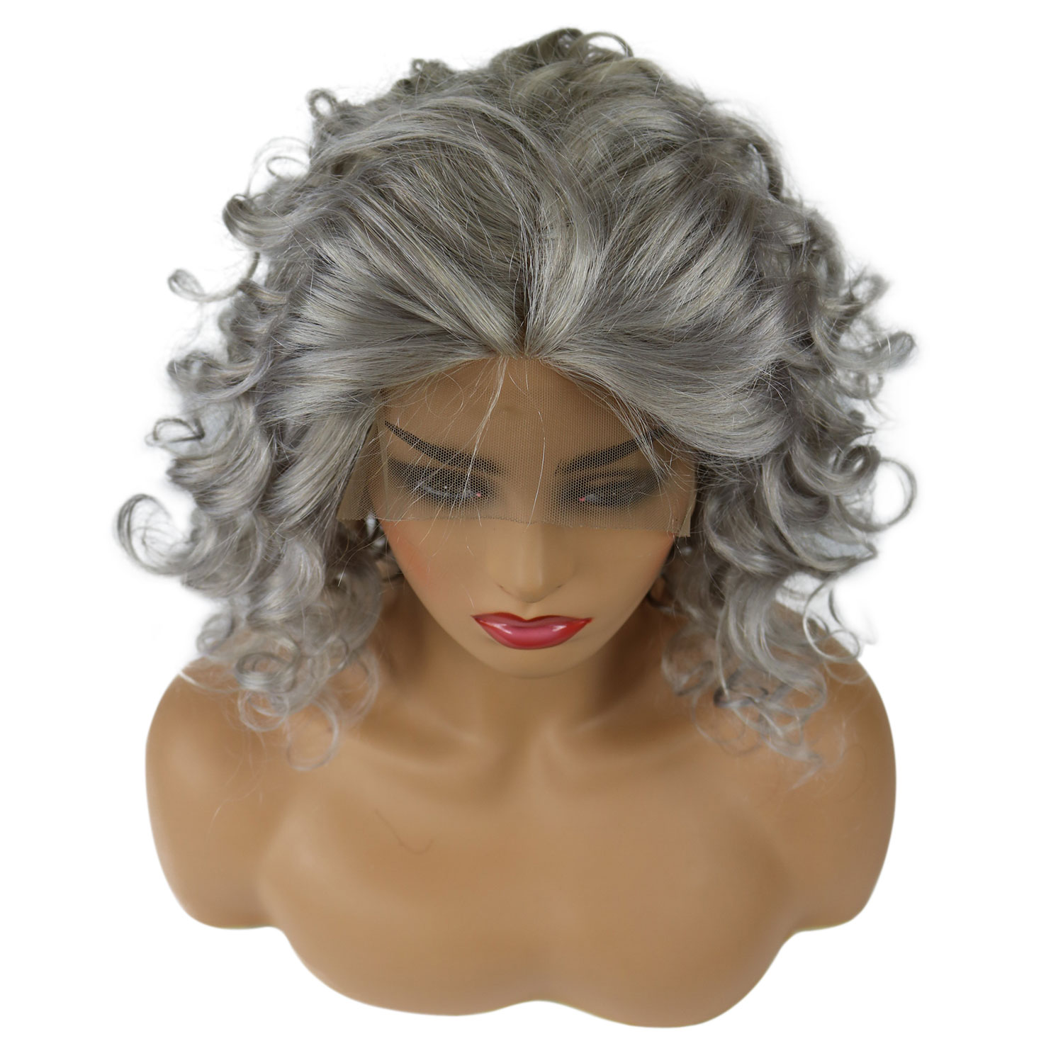 Salt And Pepper Human Hair Curly Women Lace Front Cap 14 Inches 120% Wigs