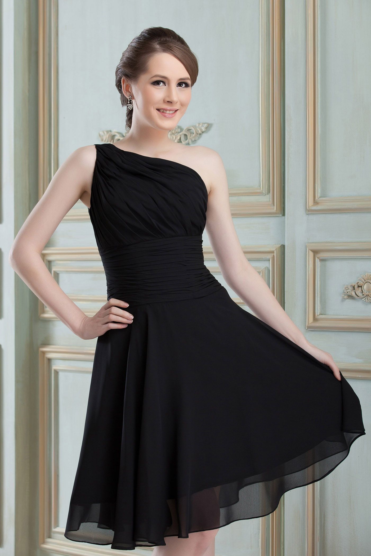 Knee-Length A-Line Sleeveless One Shoulder Homecoming Dress/ Bridesmaid Dress
