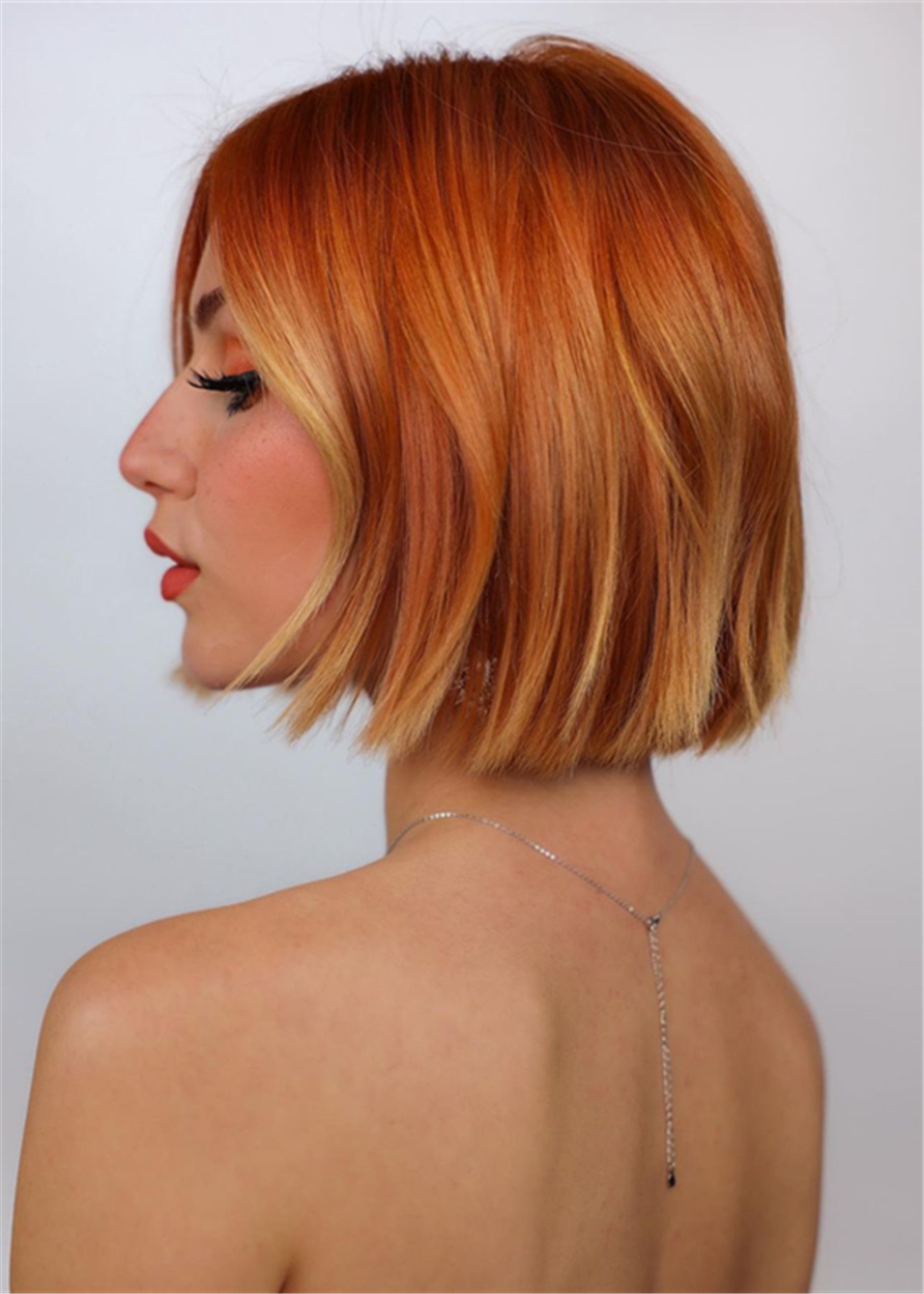 Balayage Copper-Orange Short Bob Hair Wigs Capless Human Hair Wavy 14 Inches 130% Wigs