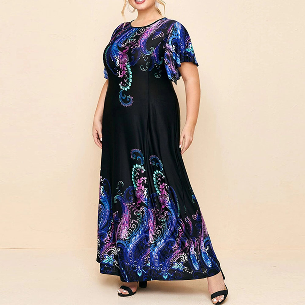 Print Floor-Length Short Sleeve Round Neck Floral Women's Dress