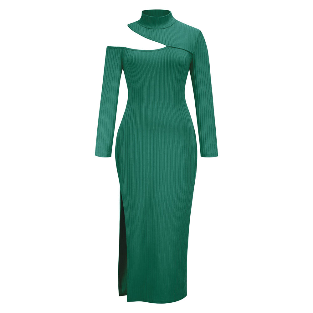 Floor-Length Asymmetric Long Sleeve Turtleneck Mid Waist Women's Dress