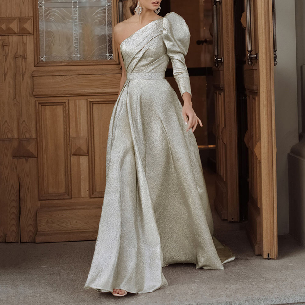 Asymmetric Long Sleeve Oblique Collar Floor-Length Pullover Women's Dress