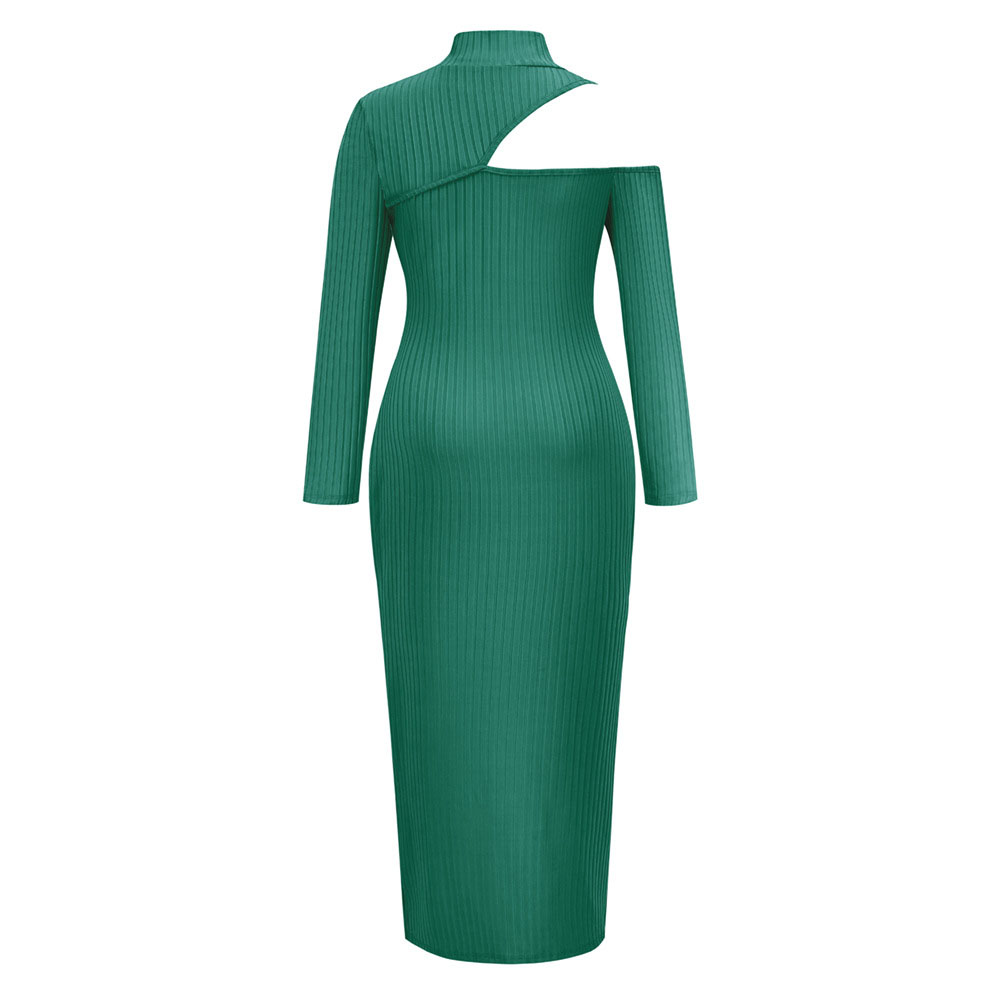 Floor-Length Asymmetric Long Sleeve Turtleneck Mid Waist Women's Dress