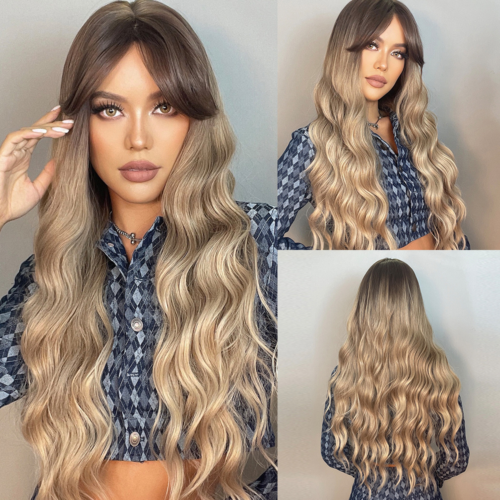 Deep Wave Capless Women Balayage Wigs With Bangs Synthetic Hair 130% 26 Inches Wigs