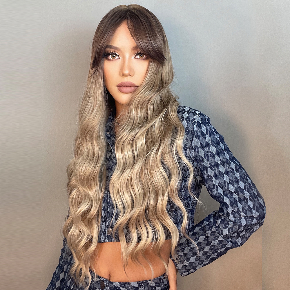 Deep Wave Capless Women Balayage Wigs With Bangs Synthetic Hair 130% 26 Inches Wigs