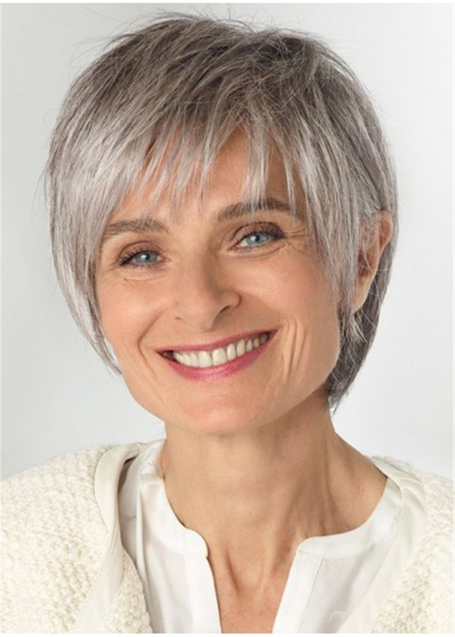 Women Grey Hair Wigs Capless Straight Synthetic Hair 10 Inches 130% Wigs With Layered Bangs