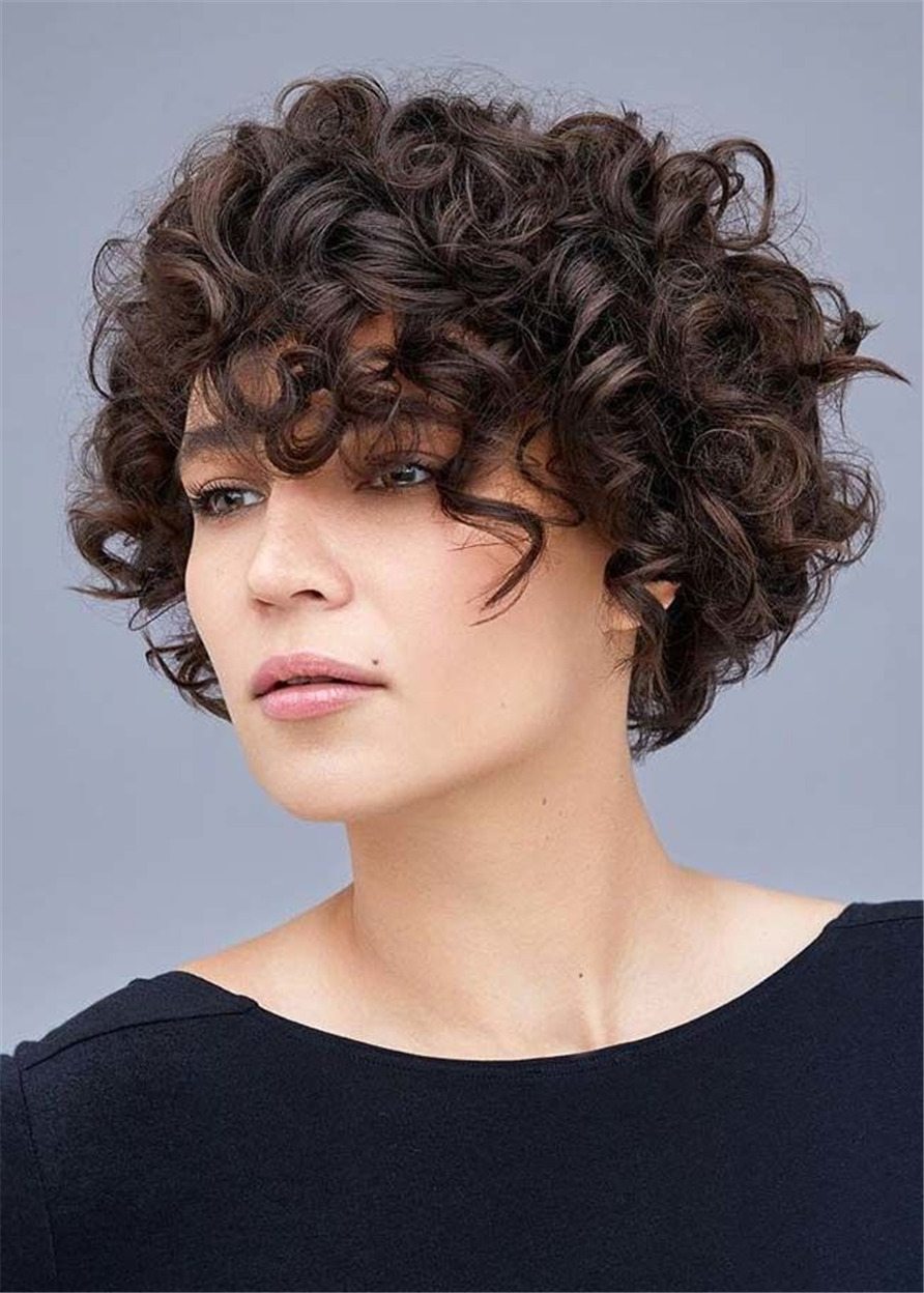 Women Kinky Curly Synthetic Hair 130% 12 Inches Wigs With Bangs