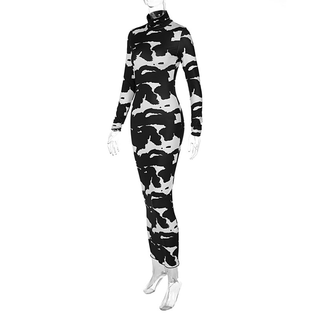 Mid-Calf Long Sleeve Print Turtleneck Pullover Women's Dress