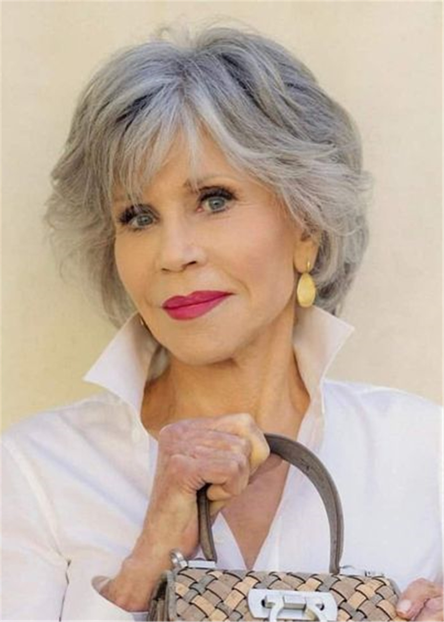 Jane Fonda Silver Gray Bob Hair Wigs Wavy Human Hair Capless 120 12 Inches Wigs 