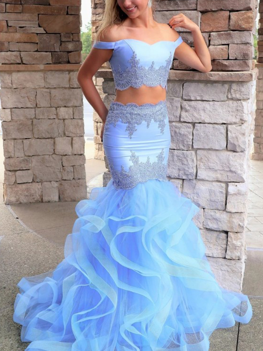 Sleeveless Trumpet/Mermaid Off-The-Shoulder Cascading Ruffles Prom Dress/ Two Pieces Prom Dress