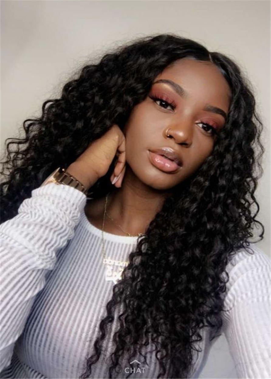 Center Part Kinky Curly Long Synthetic Hair Lace Front Cap Wigs 18 Inches