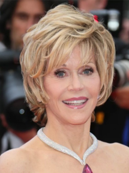 Jane Fonda Wavy 100% Human Hair Wigs With Bangs
