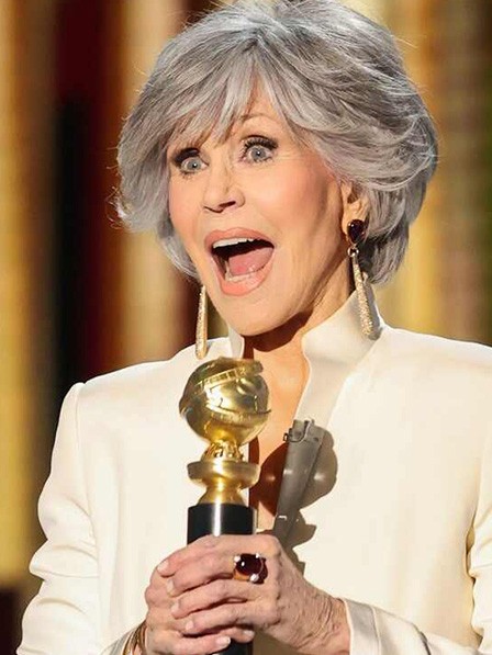 Jane Fonda Layered Wavy Human Hair Lace Front Grey Wigs